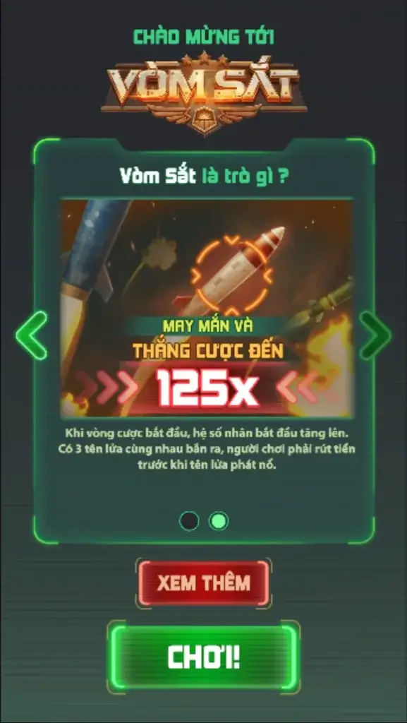 Giao diện game Vòm Sắt LC79 – nổ hũ x125 lần, rút tiền trước khi tên lửa phát nổ
