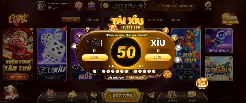 Giao diện game tài xỉu LC79 với hiệu ứng hấp dẫn và phần thưởng lớn