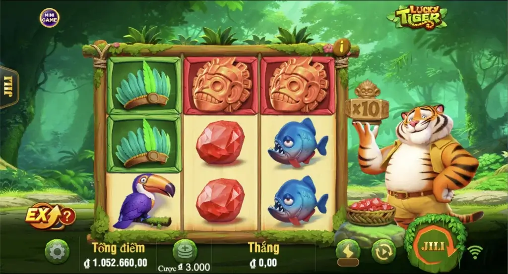 Hướng dẫn chơi slot Lucky Tiger của JILI tại LC79 – giao diện 3×3, 5 dòng trả thưởng, hệ số nhân x2–x10 và tính năng Lock & Respin.
