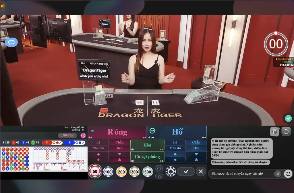 Giao diện live casino Long – Hổ (Dragon Tiger) tại LC79 với dealer, bảng cược và lịch sử “cầu”.
