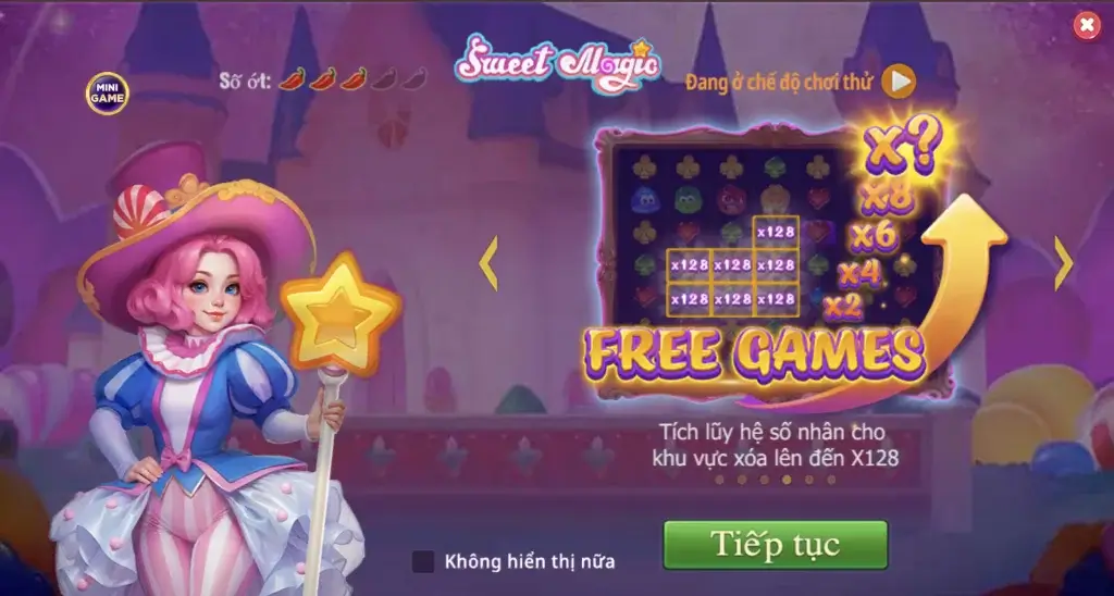 Slot Sweet Magic JILI tại LC79 – banner Free Games, cô phù thủy; cơ chế 7×7 nổ cụm, Wild rơi, mua bonus nhanh