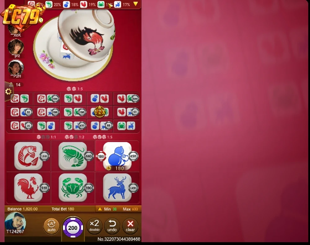 Màn gameplay Fish Prawn Crab LC79 với bát xúc xắc và bảng cược