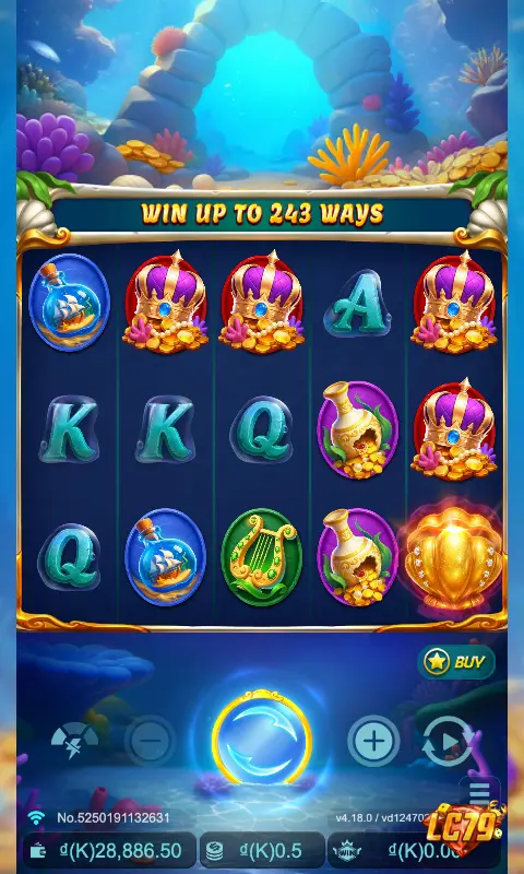 Giao diện chơi Lucky Pearl LC79 – cơ chế 243 ways, biểu tượng đại dương
