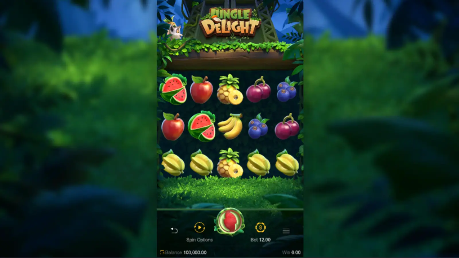 Giao diện gameplay Jungle Delight – lưới 5x3 đầy ắp trái cây nhiệt đới tại LC79