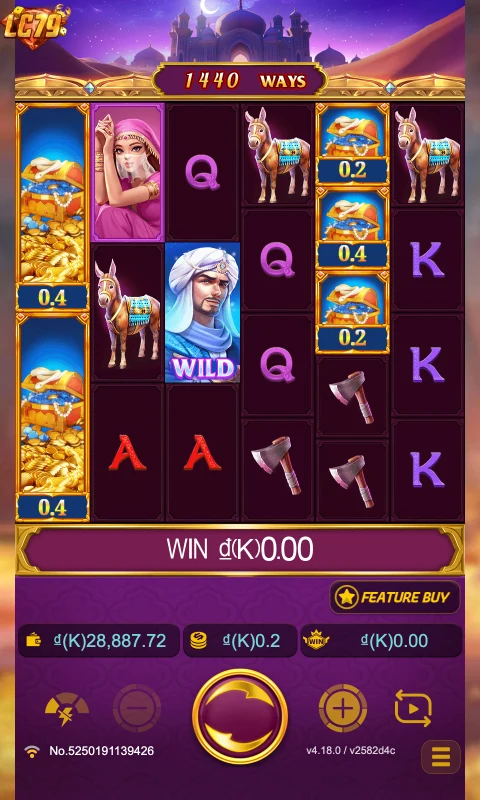 Gameplay Open Sesame Mega LC79 với lưới 6x7, WILD và nút quay