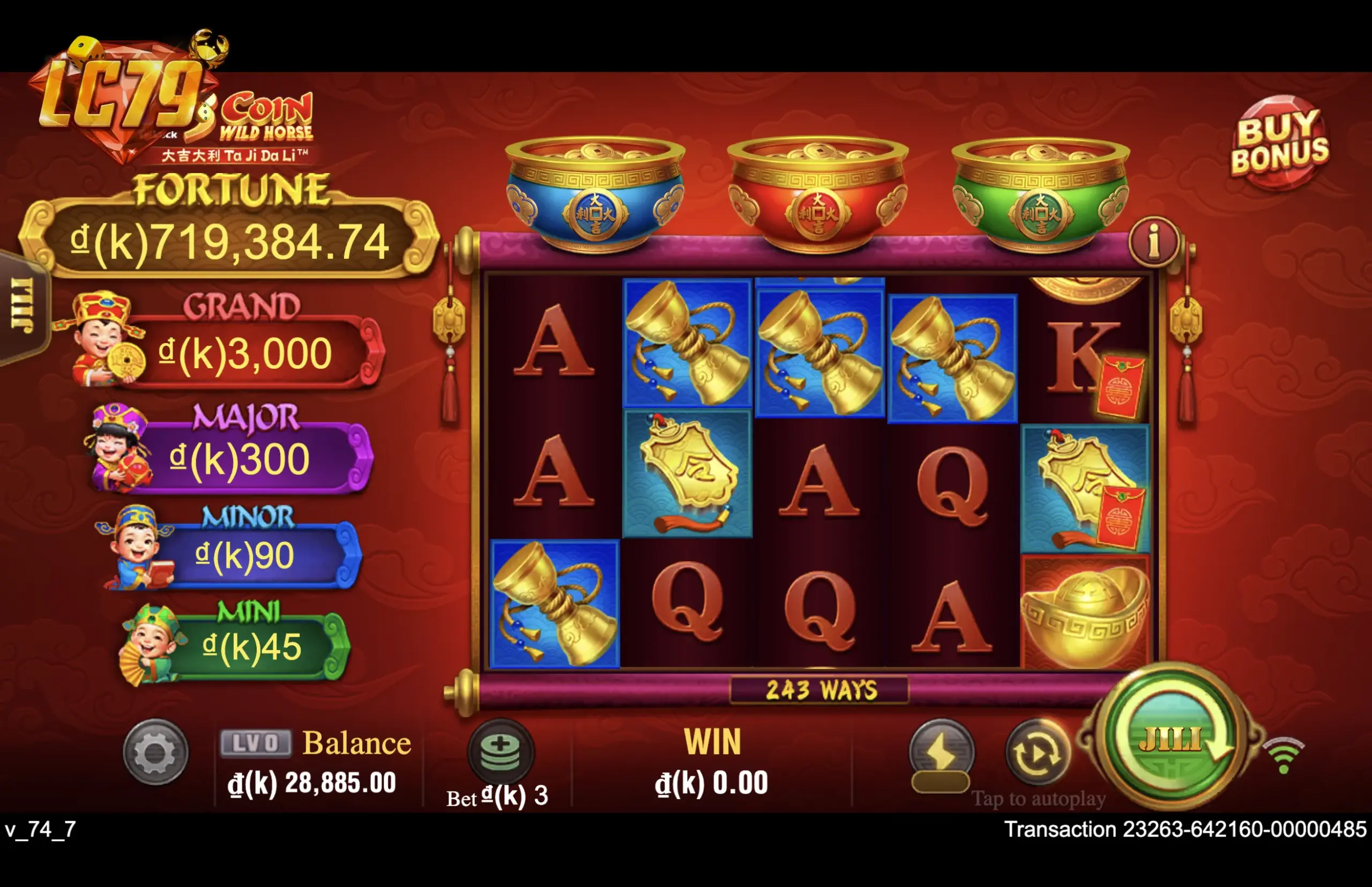 Màn hình chính 3 Coin Wild Horse tại LC79 – bảng jackpot 5 tầng FORTUNE/GRAND/MAJOR và 243 Ways to Win