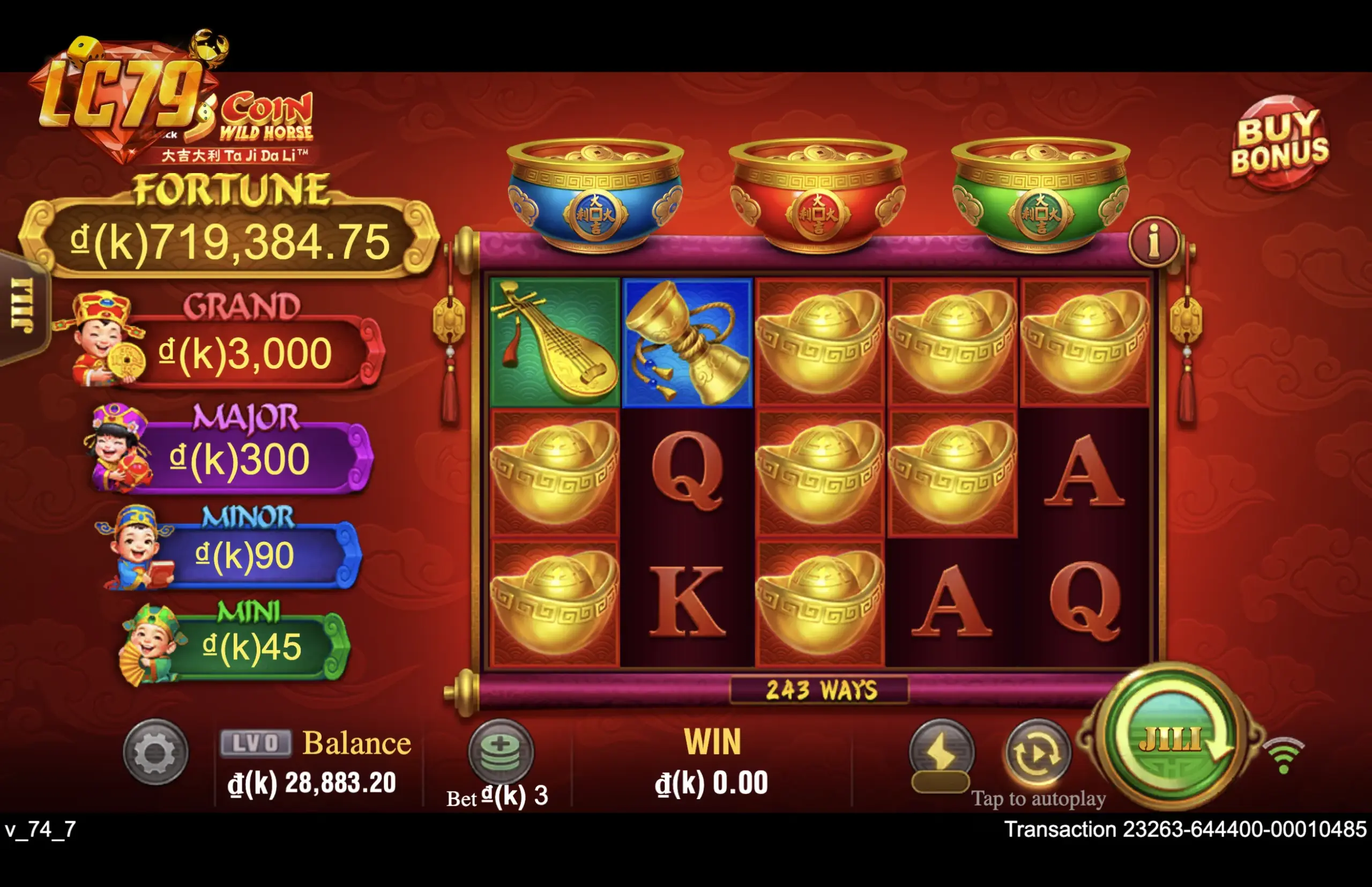 Biểu tượng thỏi vàng yuanbao xếp đầy cuộn trong phiên chơi 3 Coin Wild Horse tại LC79