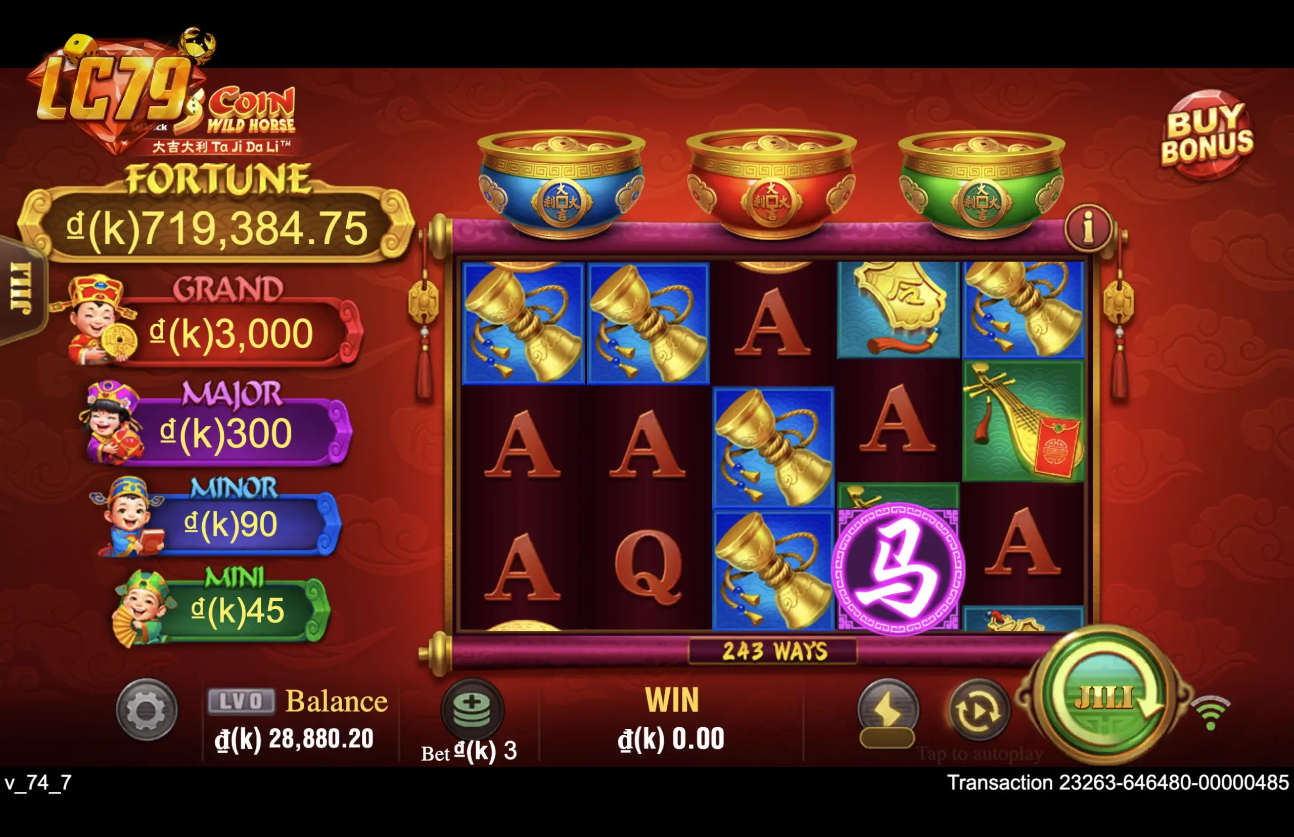 Wild 马 ngựa xuất hiện trên cuộn 3 trong phiên chơi 3 Coin Wild Horse tại LC79