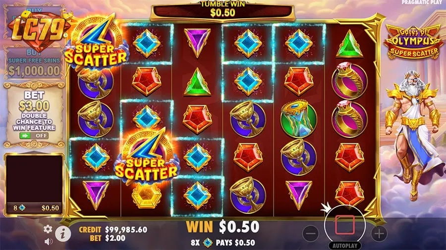 Màn hình gameplay Gates of Olympus Super Scatter tại LC79 — lưới 6×5 với Super Scatter và Tumble Win