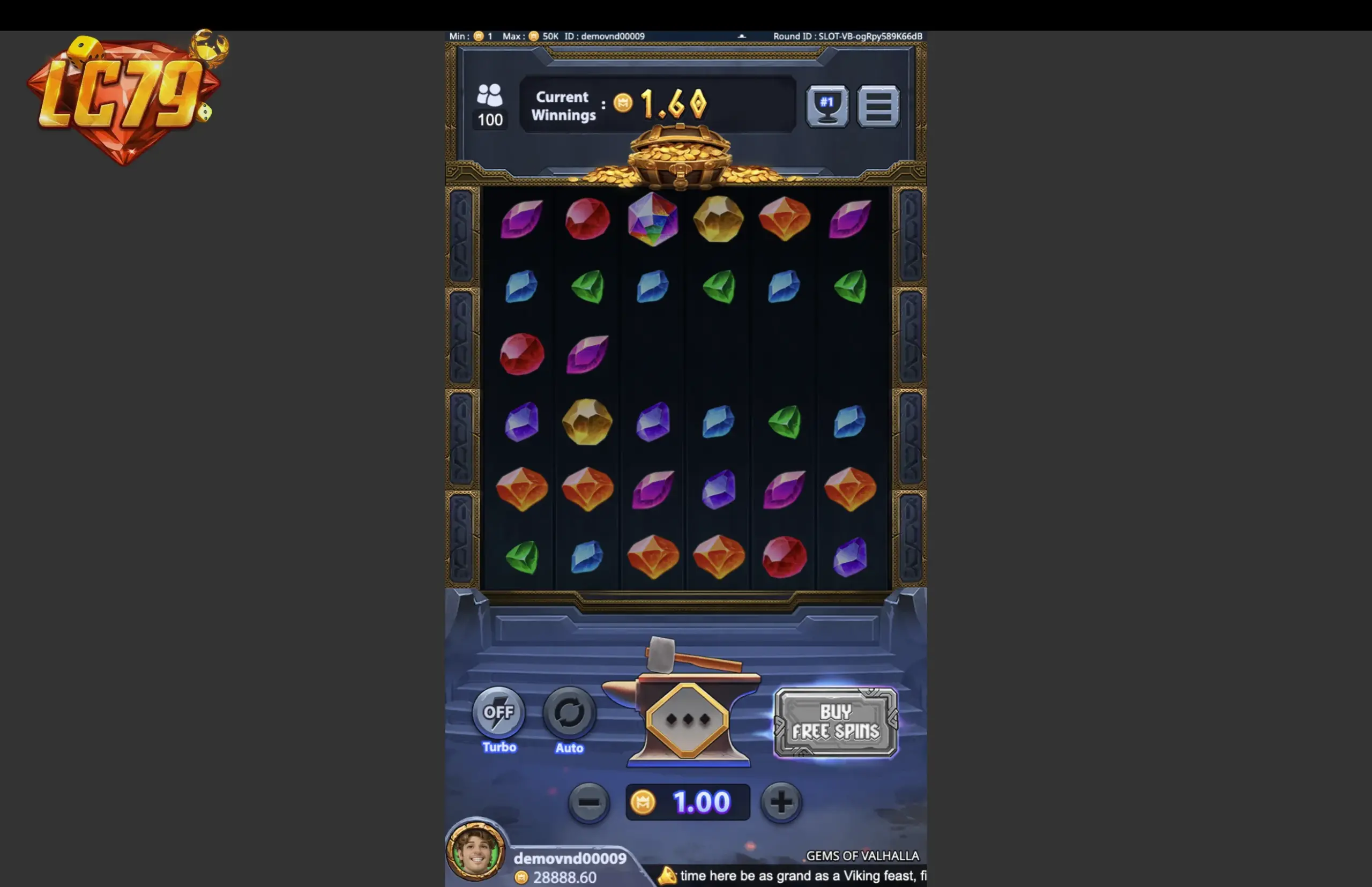 Current Winnings tích lũy 1.60 qua chuỗi tumble trong Gems of Valhalla LC79