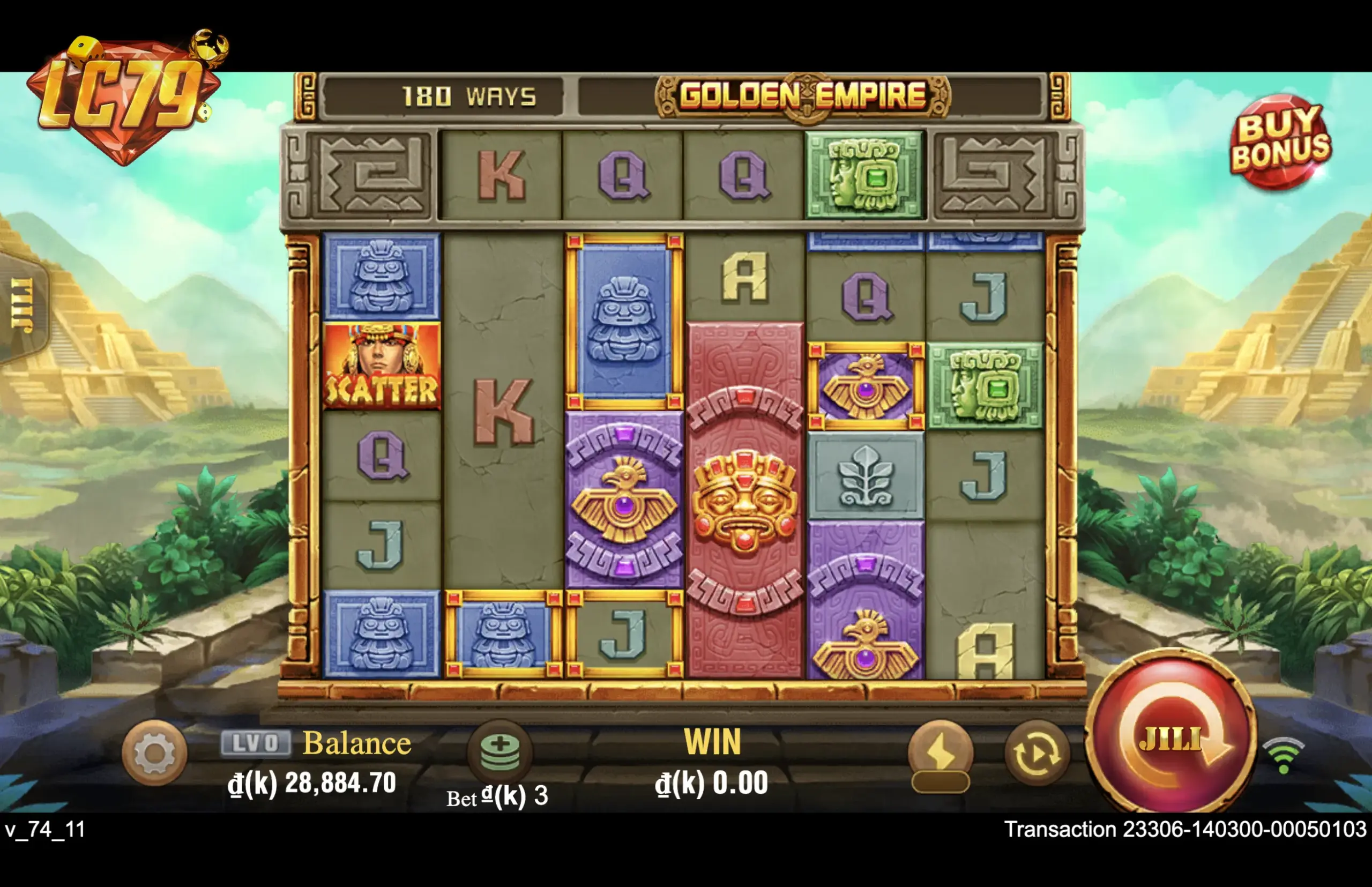 Golden Empire JILI trạng thái 180 Ways với biểu tượng Scatter đầu thần Maya xuất hiện