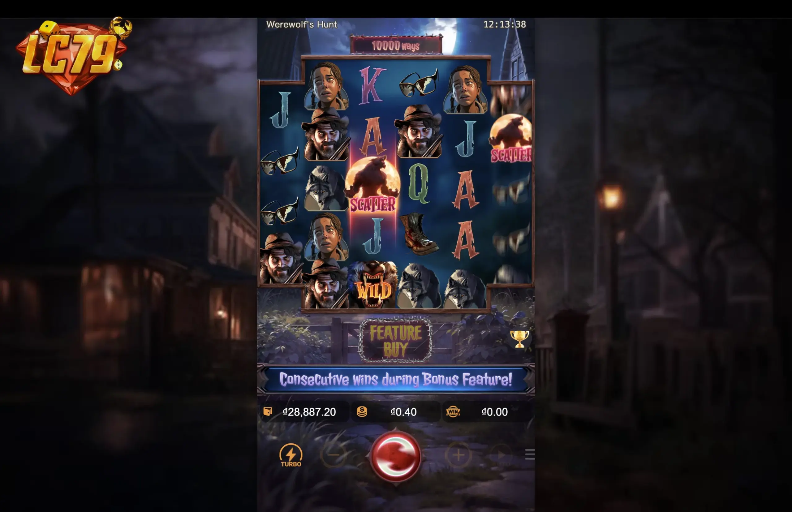 Wild và Scatter cùng xuất hiện trong màn hình thường Werewolf's Hunt tại LC79