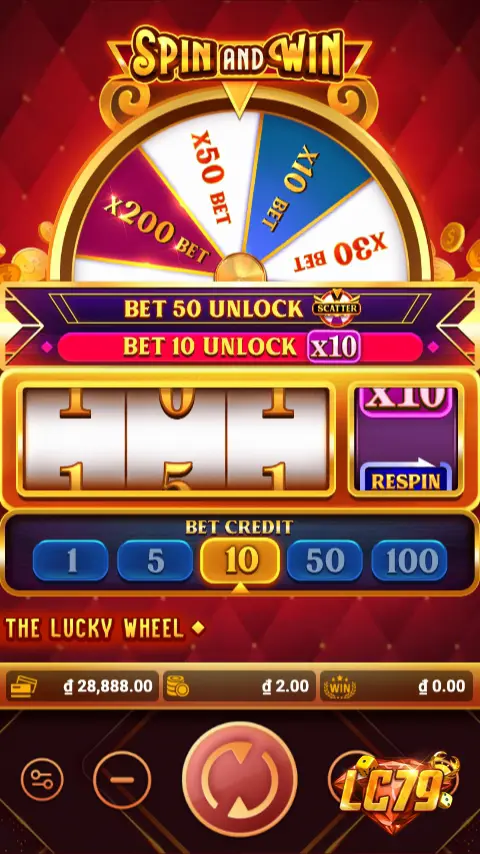 Giao diện cách chơi Spin and Win LC79 với hệ thống BET UNLOCK và Lucky Wheel