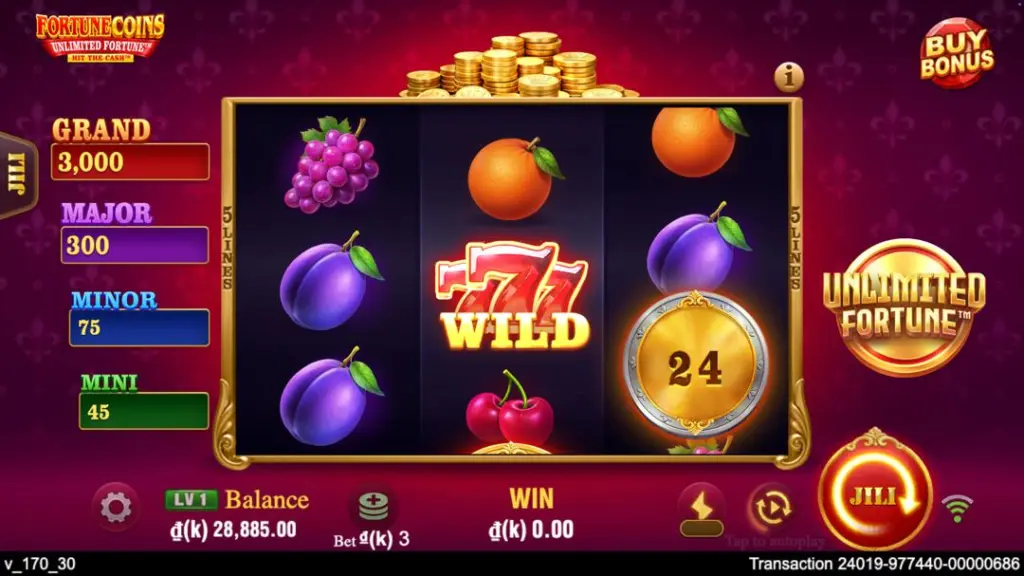 Ảnh giao diện chính game Fortune Coins Unlimited Fortune (slot JILI) chơi tại LC79