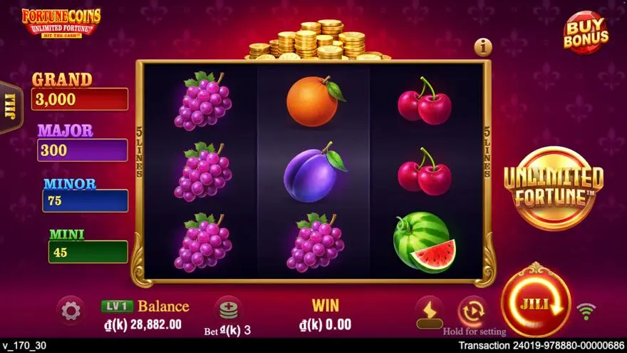Ảnh bảng biểu tượng & tính năng game Fortune Coins Unlimited Fortune (slot JILI) chơi tại LC79