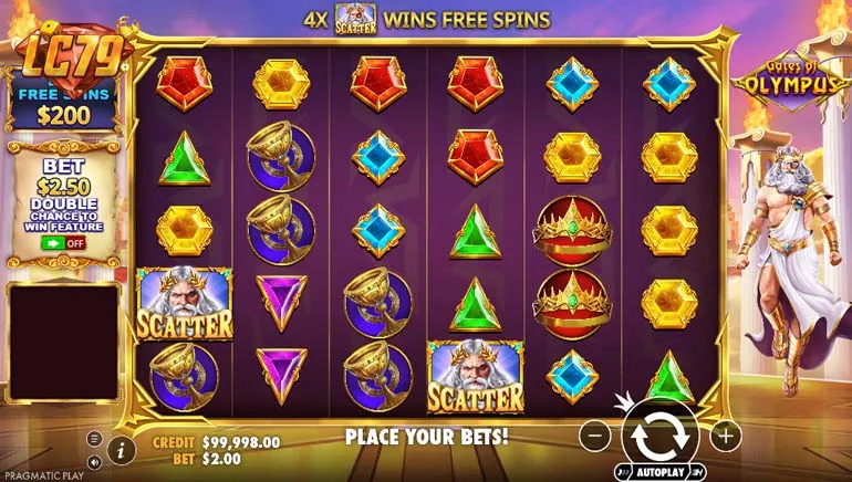 Màn hình gameplay Gates of Olympus tại LC79 — Scatter đã xuất hiện trên lưới chờ kích free spin