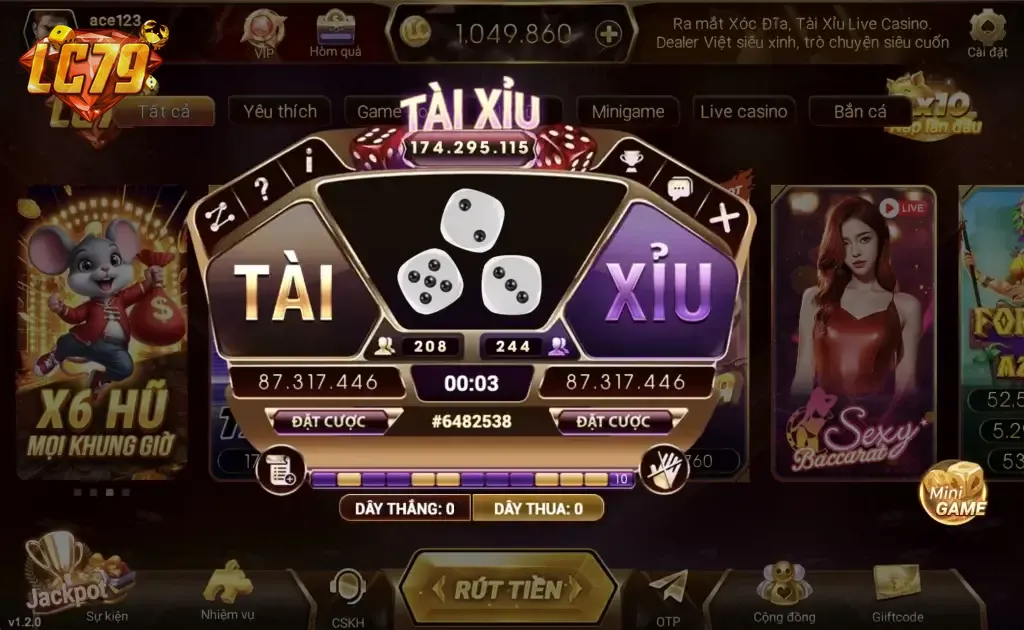 Màn hình tài xỉu LC79 với jackpot pool 174 triệu và bàn cược TÀI vs XỈU