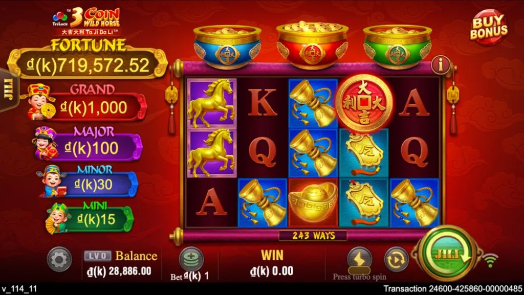 Ảnh giao diện chính game 3 Coin Wild Horse (slot JILI) chơi tại LC79