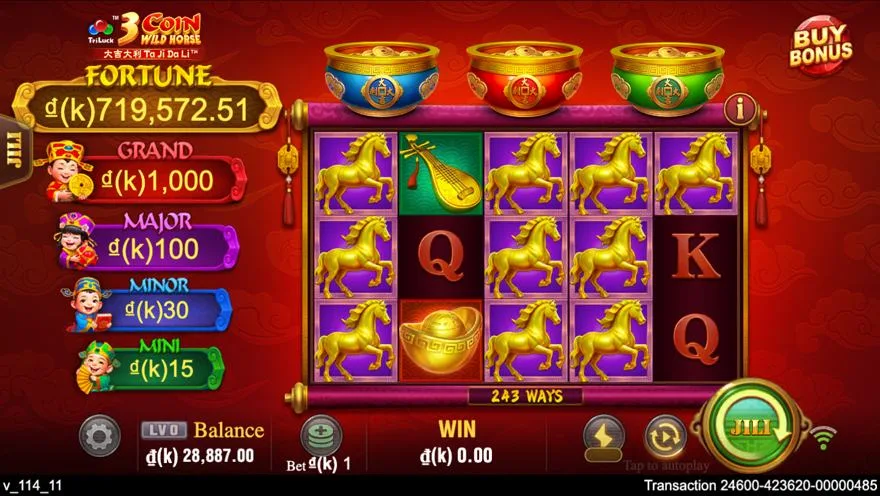 Ảnh bảng biểu tượng & tính năng game 3 Coin Wild Horse (slot JILI) chơi tại LC79
