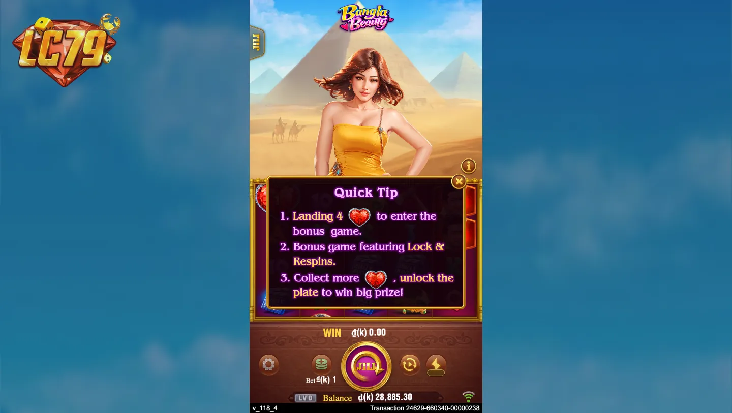 Màn hình Quick Tip hướng dẫn chơi Bangla Beauty JILI tại LC79