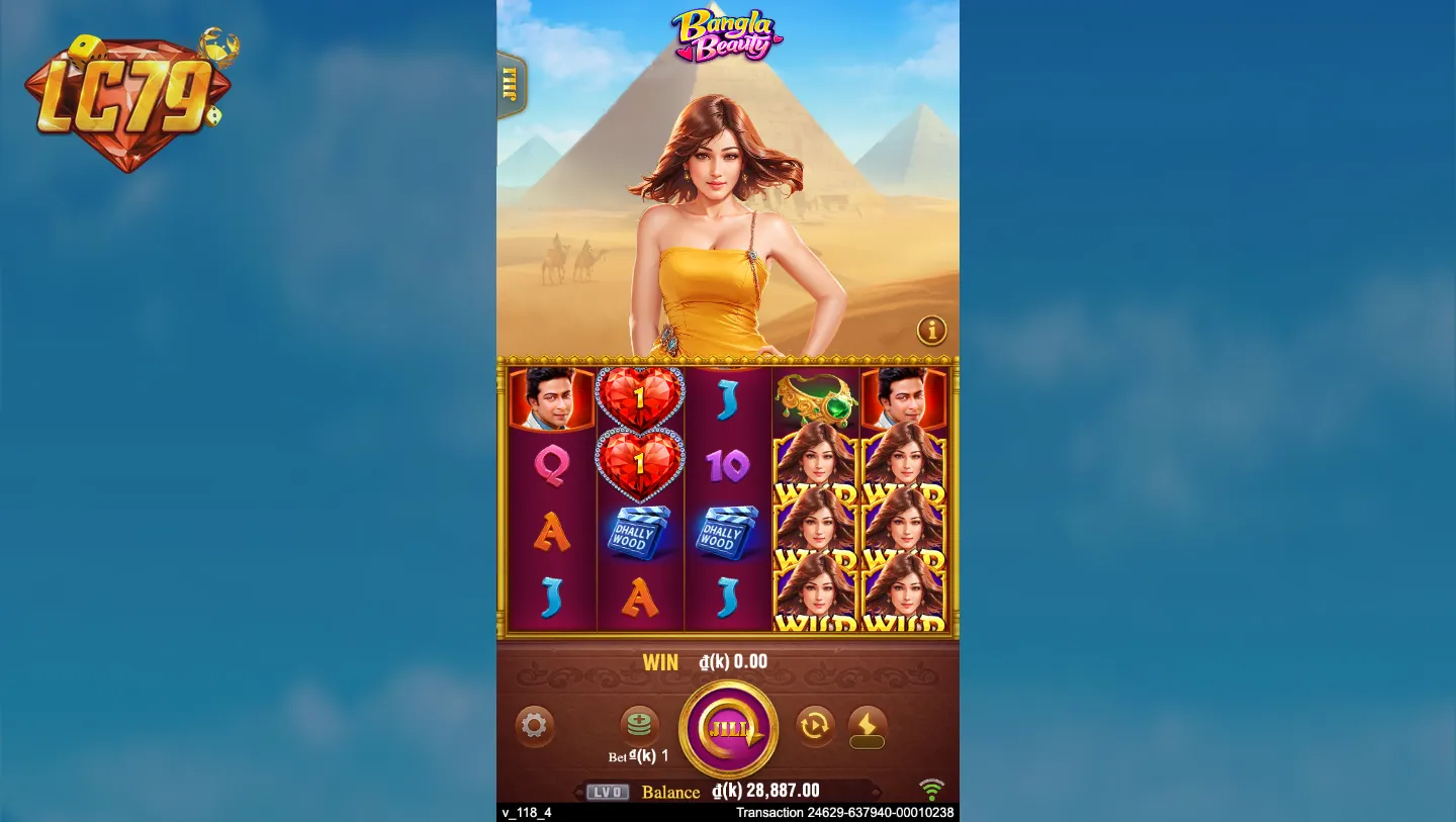 Màn hình gameplay Bangla Beauty tại LC79 – lưới 5x4 với biểu tượng WILD và trái tim đỏ