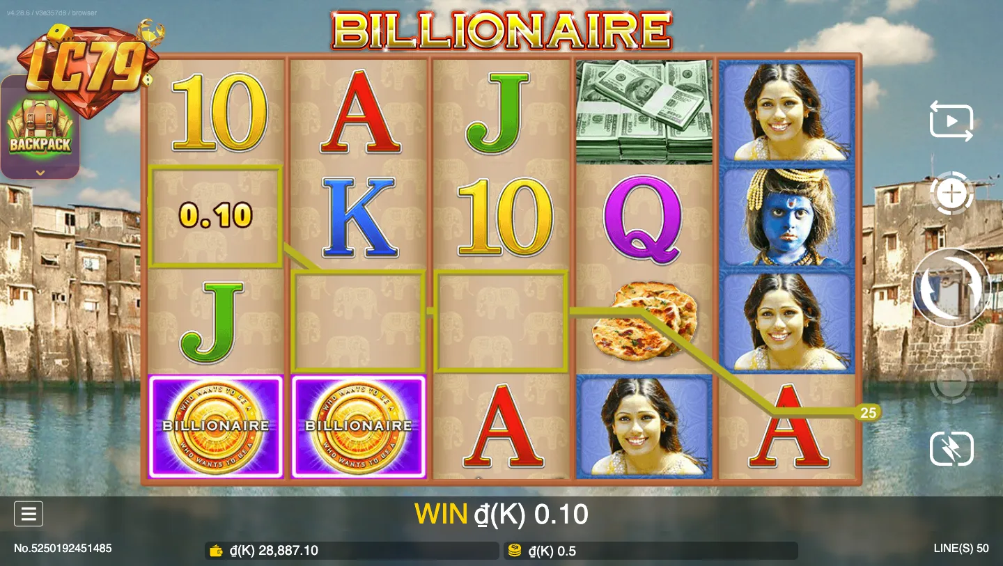 Màn hình gameplay Billionaire LC79 – 5 cuộn hiện các biểu tượng triệu phú Ấn Độ