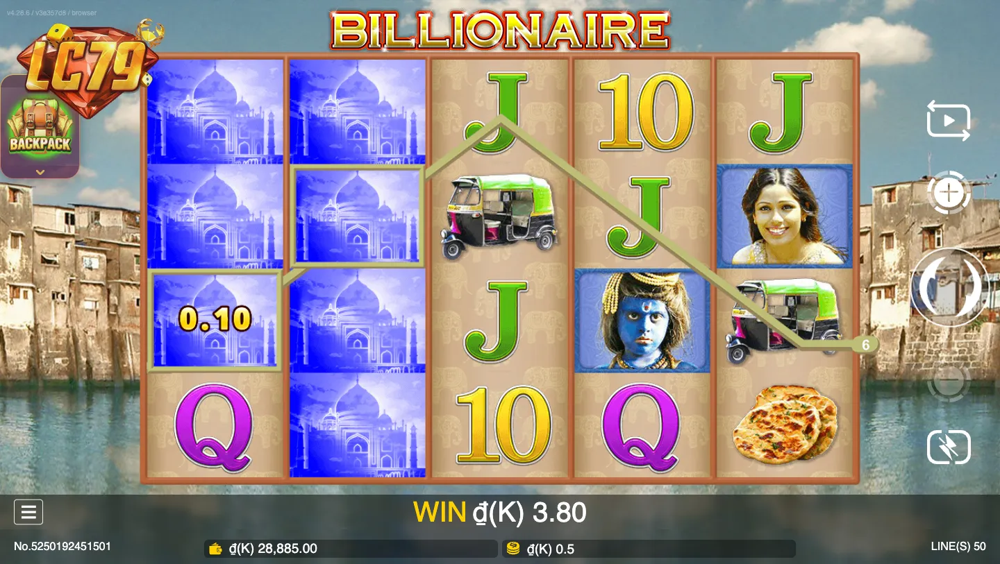 4 Scatter coin vàng xuất hiện cột 1 trong Billionaire LC79, win 3.80 từ bet 0.5