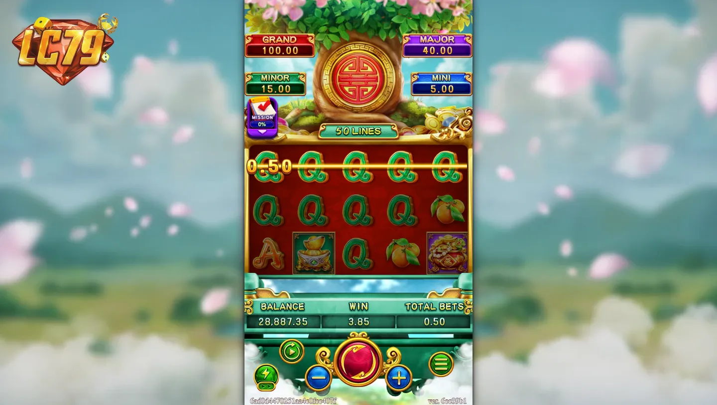 Màn hình chính Fortune Egg tại LC79 với 4 jackpot GRAND MAJOR MINOR MINI và 50 lines