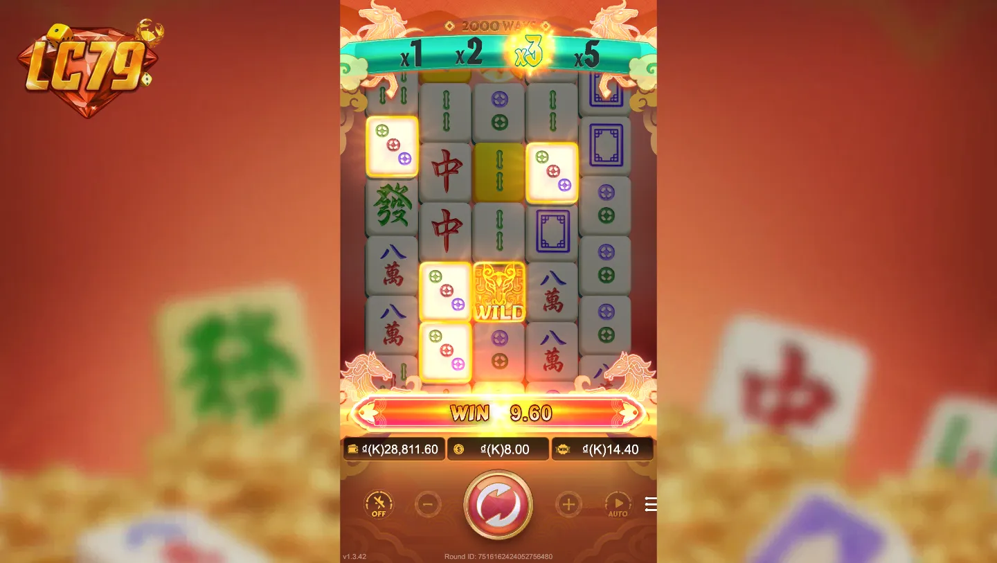 Wild tile màu vàng xuất hiện giữa lưới Mahjong Wins LC79, Win 6.00 bật sáng