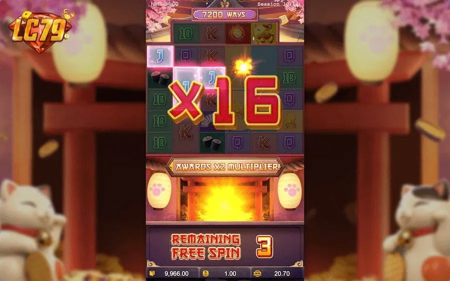 Lucky Neko LC79 Free Spin với multiplier x16 — cảnh nổ hũ thực tế trên LC79