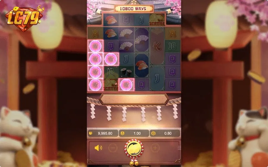 Lucky Neko LC79 base game với Scatter xuất hiện — chuẩn bị vào Free Spin