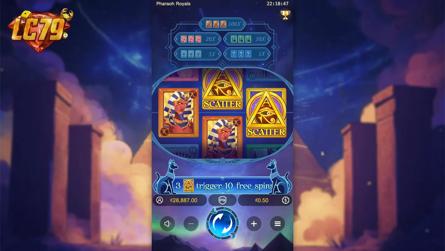 3 Scatter Eye of Ra kích hoạt 10 Free Spins trong Pharaoh Royals tại LC79