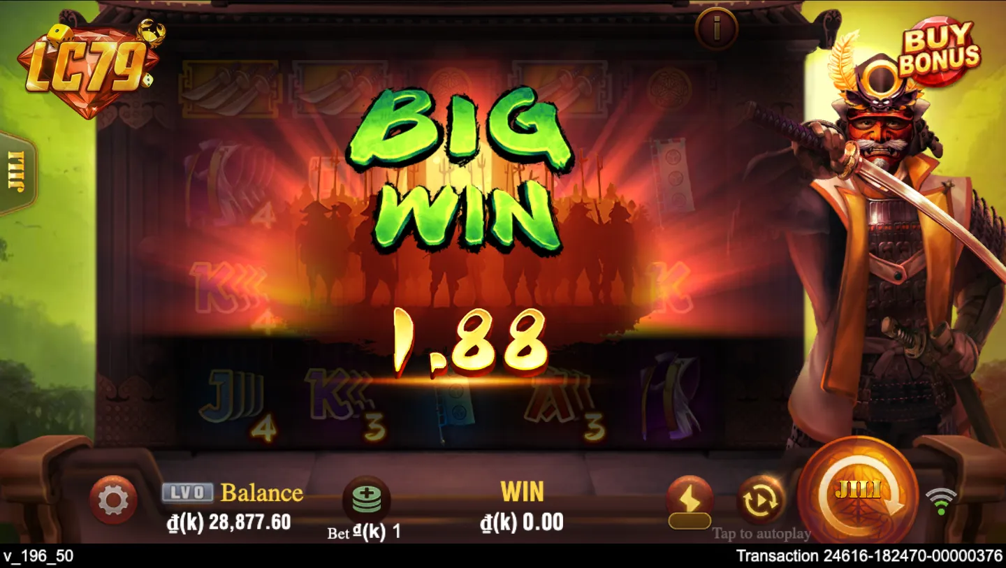 Màn BIG WIN trong Shōgun JILI tại LC79 — reels sáng lên khi Wild đổ xuống