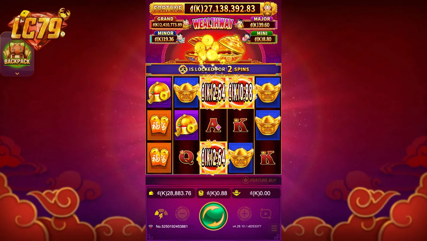 Màn hình Lock & Spin Wealthway LC79 — symbol vàng khoá 2 cuộn, jackpot FORTUNE trên 27 tỷ